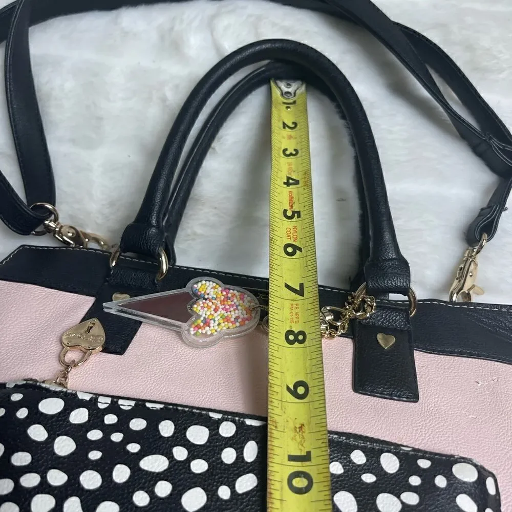 Betsey Johnson vegan leather pink & beige with black & white pocket,black straps